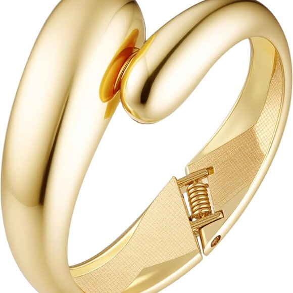 Gold and Silver Polished Chunky Bangle Bracelet for Women with Wide Twisted Cuff - Picture 1 of 7